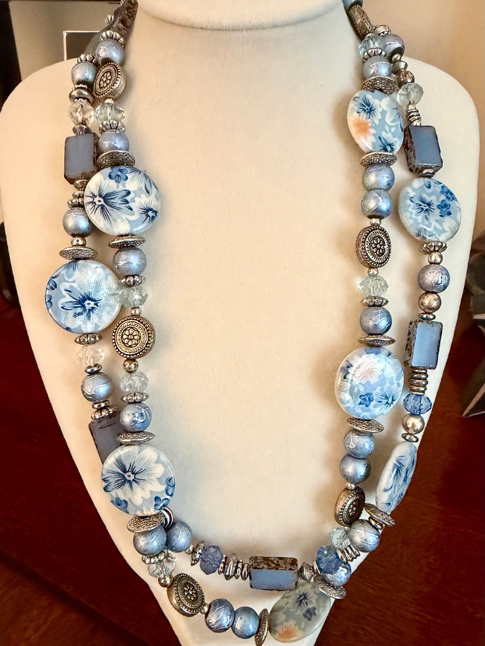 Blue Floral Porcelain Bead Necklace with Silver Accents